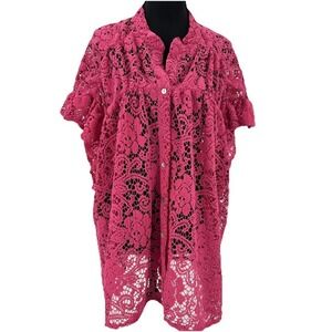 BiBi Pink Lace Crochet Cardigan Kimono Boho Festival sheer‎ Top M